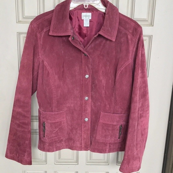 Chico's Design Jacket Sz 2 Magenta Suede Leather Designs Snap Front Zip Pockets - Picture 5 of 10